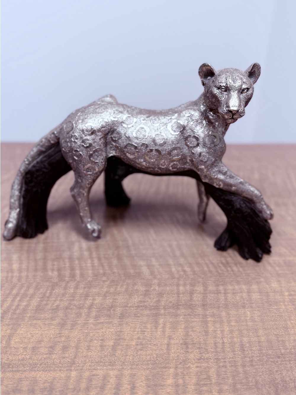 Source Unknown Silver and Black Leopard Sculpture